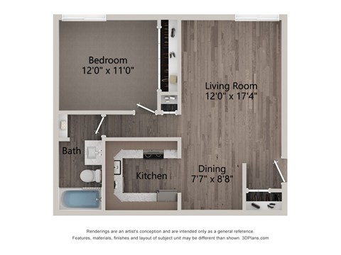 Floor plan for 1 bed, 1 bath, 700 sqft